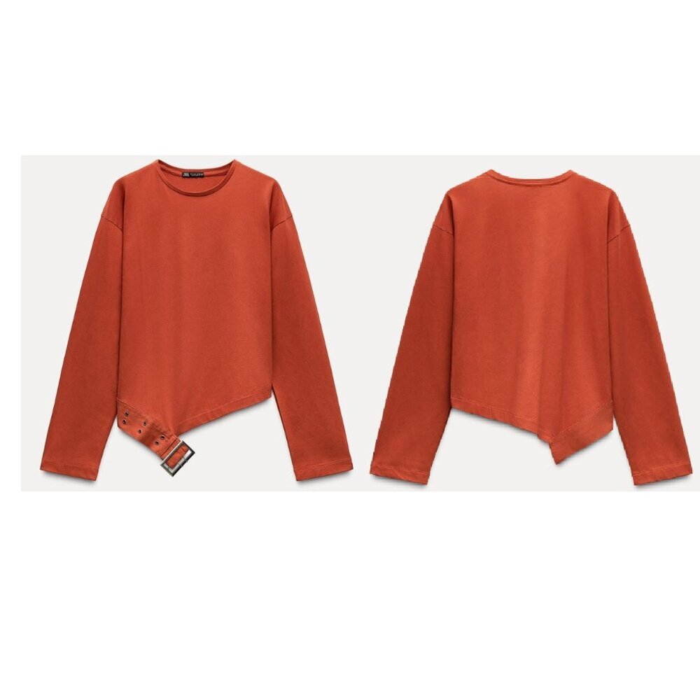 Zara Belted Crop Top L Burnt Orange Buckle Hem Long Sleeve Statement NWOT